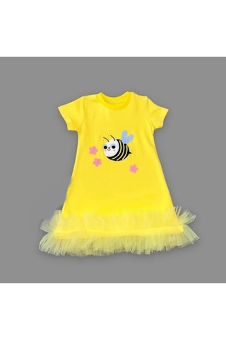 Pekminibebe 1-2-3 Yaş Arıcık Nakışlı Eteği Fırfırlı Jile Kız Çocuk Elbisesi Sarı