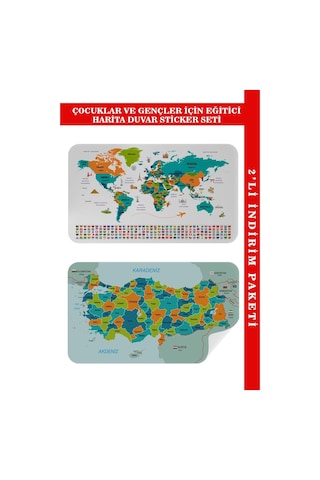 Harita Sepeti Eğitici - Öğretici Dünya Ve Türkiye Haritası Çocuk Odası Duvar Sticker-60x105-3887 Renkli