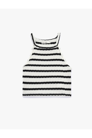 Koton Halter Yaka Kolsuz Kroşe Crop Bluz Siyah Çizgili 6sal30035ık