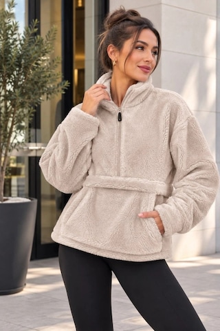 DefyModa Kadın Yarım Fermuarlı Kanguru Cepli Peluş Wellsoft Sweatshirt Bej