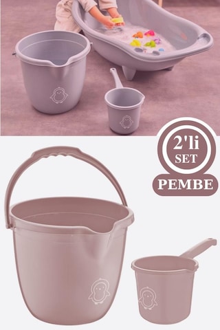 Flosoft Bebek Banyo Su Kovası Ve Maşrapası Seti, Saplı Oluklu Kova 13lt Ve Maşrapa 1,5lt 2 Li Set Pembe