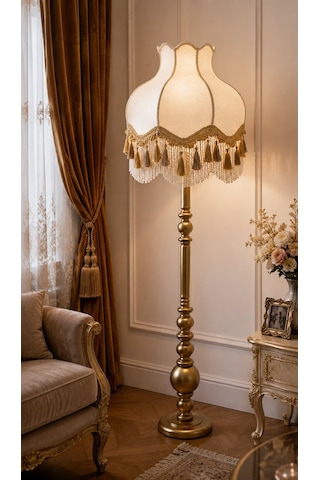 Beyaz Kadife Gold Saçaklı Başlık Gold Ahşap Ayaklı Lambader Vintage Model 170x50cm
