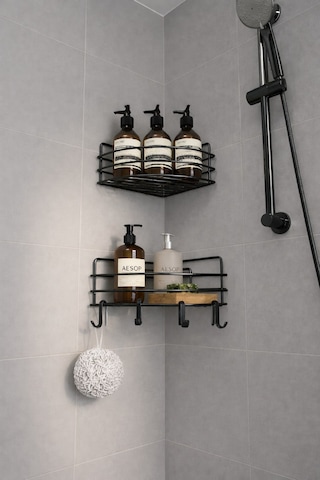 Sas Haus Tek Katlı Köşe Duş Rafı Kancalı Banyo Şampuanlık & Organizer 2 Adet Siyah Tk-01 Siyah