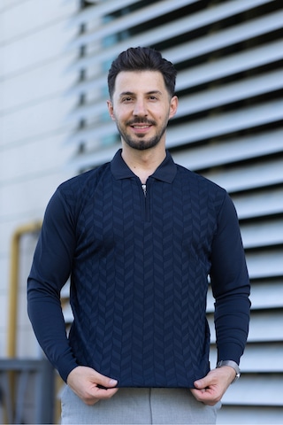 Hk Premium Erkek Triko Kazak Zikzak Desenli Polo Yaka Fermuarlı Slim Fit Lacivert