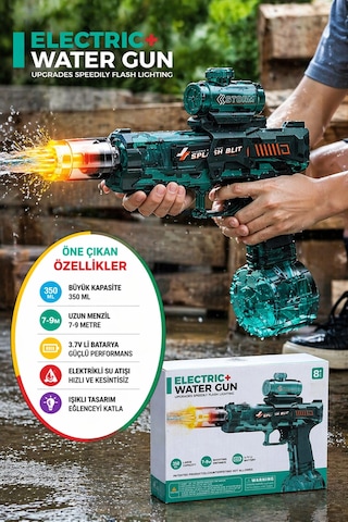 Elektrikli Su Tabancası Şarjlı Otomatik 350ml Işıklı Uzun Menzil Çocuk Oyuncak Su Silahı