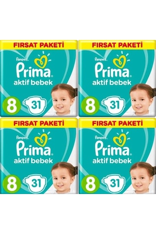 Prima Pampers Aktif Bebek Fırsat Paketi Bebek Bezi 17+ KG 8 Beden 4 x 31 Adet 4'lü