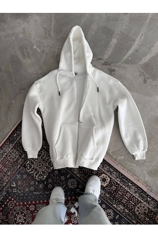 Tua Moda Oversize Tam Fermuarlı Uzun Kol Hırka - Beyaz Beyaz