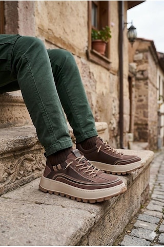 Guja 26y514 Rahat Hafif Taban Tekstil Lastik Bağcıklı Sneaker Erkek Ayakkabı Kahve