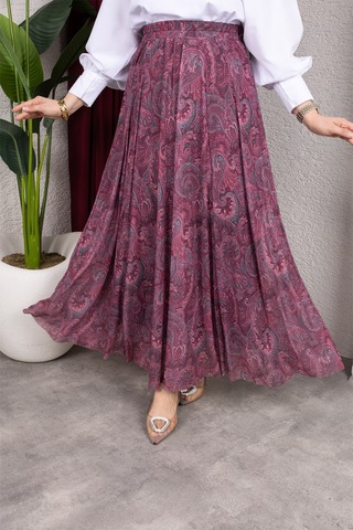 Hira Life Fashion Asimetrik Kesim Etnik Desen Astarlı Tül Tesettür Etek Bordo Bordo