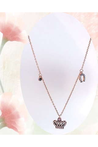 Gümüş Opal Taşlı Gold Taç Tasarım Kadın Kolye