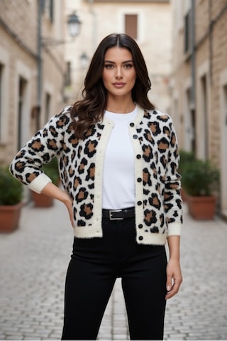Kadın Premium Leopar Desenli Triko Bisiklet Yaka Hırka Ekru