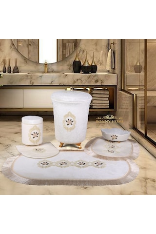 Shems Krem 6 Prç Kirli Çamaşır Sepeti Seti + Banyo Paspası Seti Krem