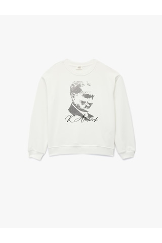 Koton Atatürk Baskılı Uzun Kollu Bisiklet Yaka Pamuklu Sweatshirt Ekru 6wkg10422ak Ekru