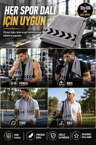 Gri 30x100 Cm %100 Pamuk 450 Gsm Spor Havlusu Fitness Gym Boks Tenis Golf Yüz Havlusu Yıkanabilir