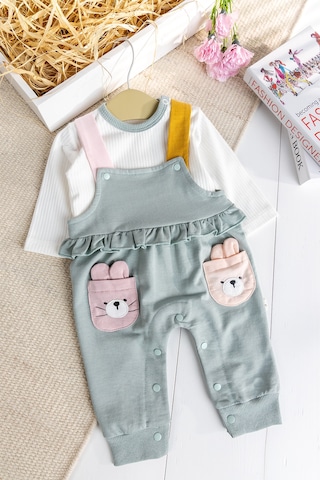 Baby Mod Tavşan Fiğürlü100% Pamuk Kız Bebek Salopet 2'li Tulum Yeşil
