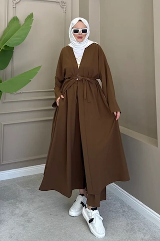 Balenbi Kadın Kuşaklı Kimono Hırka Bol Paça Pantolon Takım Tesettür 2'li Kombin 1230 Kahverengi