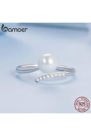 Bamoer 925 Ayar Gümüş Kaliteli Kabuk Inci Açılış Yüzük Zirkon Ayarlanabilir Yüzük Zarif Güzel Takı Kadınlar İçin