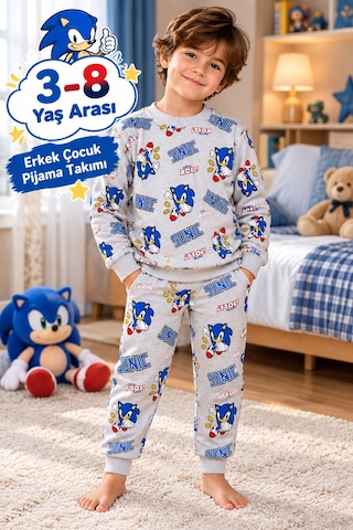 Üç Gül Ticaret Erkek Çocuk 3-8 Yaş Sonic Desenli Pijama Takımı İçi Pamuklu Şardonlu Gri