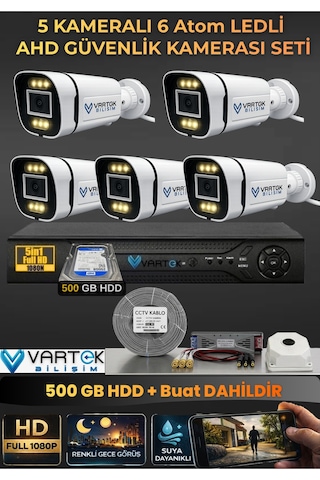 5 Kameralı 6 Atom Led Gece Renkli Görüşlü Güvenlik Kamerası Seti + 500 Gb Hdd