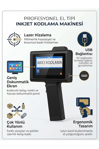 Qc 0.5 İnç El Tipi Akıllı Inkjet Yazıcı - Lazer Hizalamalı Kodlama Makinesi Kartuşsuz