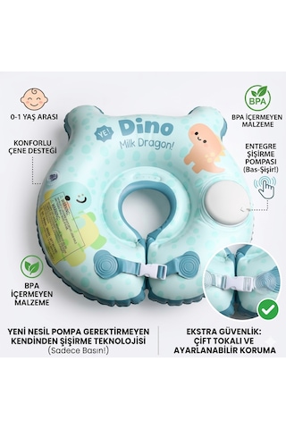 Bebek Yüzme Simidi Bas Şişir Pratik 0-1 Yaş Çift Emniyet Kilitli Mavi Dino Simit