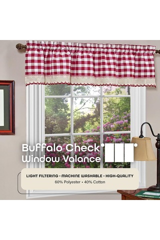 Lexroo Home Furnishings Valance Buffalo Check Window Curtain, 58" X 14", Burgundy & Fildişi Çok Renkli