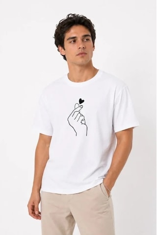 Defymoda Erkek Kore Parmak Kalp Aşk Temalı Minimal Baskılı Tişört Yazlık Kısa Kol T-shirt - Beyaz