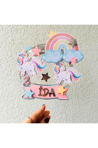 Unicorn Gökkuşağı Temalı Kız Çocuk Doğum Günü Pasta Süsü