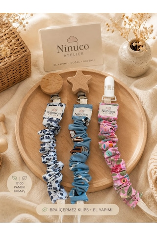 Nunuco Atelier El Yapımı Emzik Askısı %100 Pamuk Kumaş Bpa İçermez Klips Güvenli Emzik Tutucu Açık Mavi