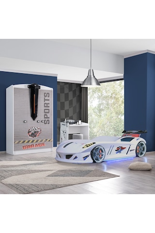 Setaymobilya Sports Çocuk Odası - Jaguar Arabalı Yatak, Dolap, Masa - Beyaz