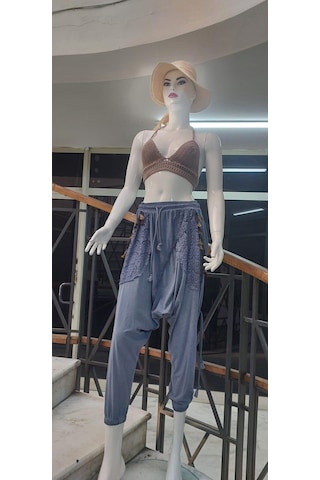 Bohem Stil Kadın Beli Bağlamalı Saçak Detaylı Bohem Şalvar-9241 Kot Mavisi Mavi