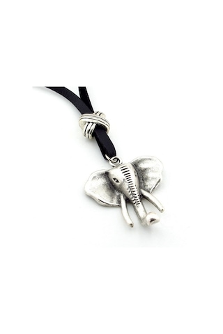 Solfera Fil Elephant Metal Madalyon Orjinal Siyah Deri Erkek Kolye Q0653 Siyah