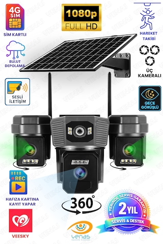 3 Kameralı Sim Kartı İle Çalışan Gece Görüşlü Solar Güvenlik Kamerası