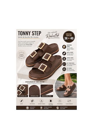 Tonny Step Dubai 7 Hafif Şık Tek Parça Ortopedik Plaj & Günlük Terliği Kare Tokalı -kahverengi