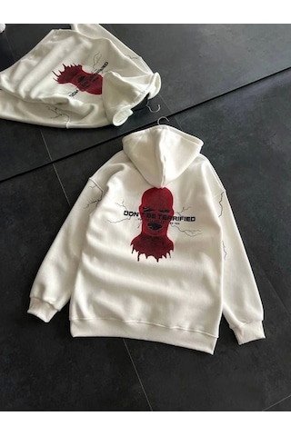 Üç İplik Kapşonlu Baskılı Oversize Sweatshirt- Beyaz Beyaz