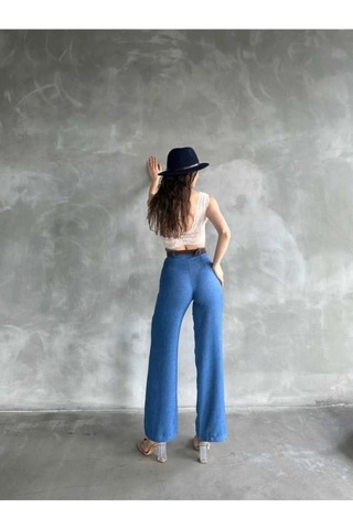 Kadın Yazlık Trend Beli Kemerli Keten Pantolon Saks Mavi Saks Mavi