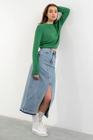 Kaizer Denim Kadın Ortadan Yırtmaçlı Etek Buz Mavi