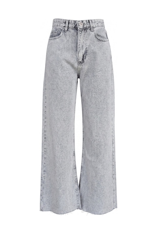 Kene Jeans Gri Kar Paça Kesik Ön Arka Taşlı Bol Paça Kot/denim Pantolon Gri Kar