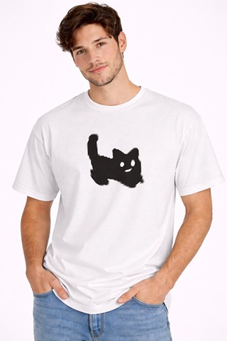 Nevermind Unisex Oversize Tişört Kedi Baskılı Minimal Tasarım Pamuk Beyaz