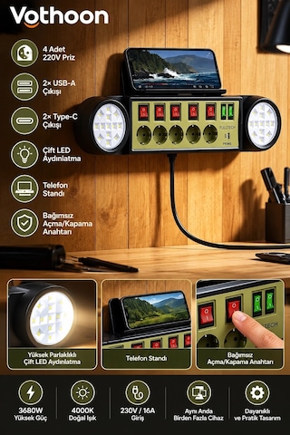 Akıllı Masaüstü Duvar Tipi Akım Korumalı 5 Li Priz 3680w Led Işıklı Usb-a Type-c Telefon Standlı 1