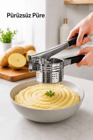 Sariva Home Ivory Patates Ezici Paslanmaz Çelik Silikon Saplı Püre Presi Ergonomik Sebze Ezme Aparatı Sariva Home