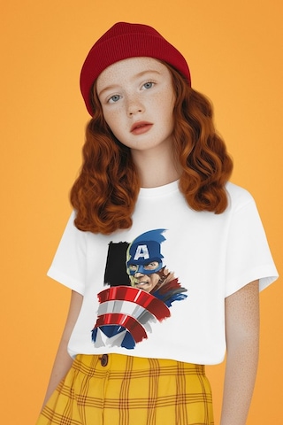 Sevbano Unisex Tasarım Kaptan Amerika Baskılı Avengers Film Çocuk Tişört Beyaz