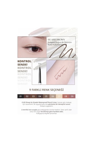 Suya Dayanıklı, İnce Uçlu Göz Kalemi Clıo Sharp So Simple Waterproof Pencil Liner 005 Ash Brown 05