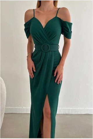 Lior Design Kadın Trend Krep Kumaş V Yaka Yırtmaçlı Abiye Elbise Zümrüt