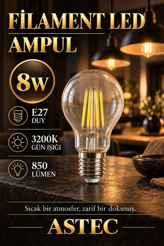 Astec E27 Filamen 8 Watt Led Ampul 3200k Gün Işığı Dekoratif Filament Led