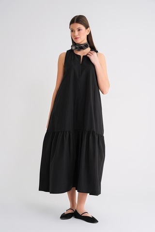 4695 Kadın Eteği Pileli Fermuar Detaylı Uzun Paraşüt Elbise Siyah Siyah