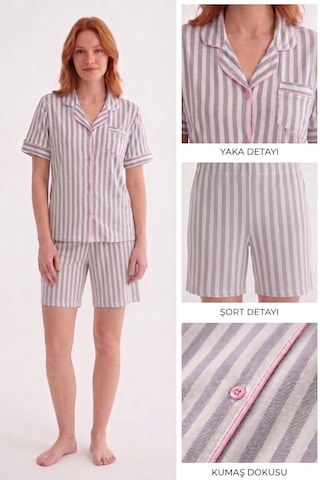 Seamlife Bies Kadın Viskon Gömlek Yaka Önden Düğmeli Göğüs Cepli Yazlık Kısa Kollu Şortlu Pijama Takımı gri
