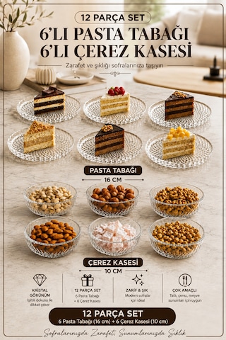Porsima 13917-1 Aren Mozaik 12 Parça Cam Sunum Seti - 6 Kişilik Pasta Tabağı & Çerezlik Yok