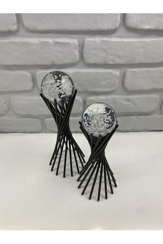 Siyah Metal 2'li Set Salon Burgu Kristal Baloncuklu Camlı Dekor 1 Takım