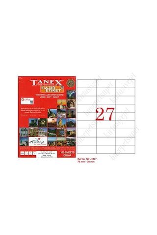 Tanex Tw-2327 Ebat 70 X 30 MM Lazer Etiket A4 Sayfada 27 Etiket